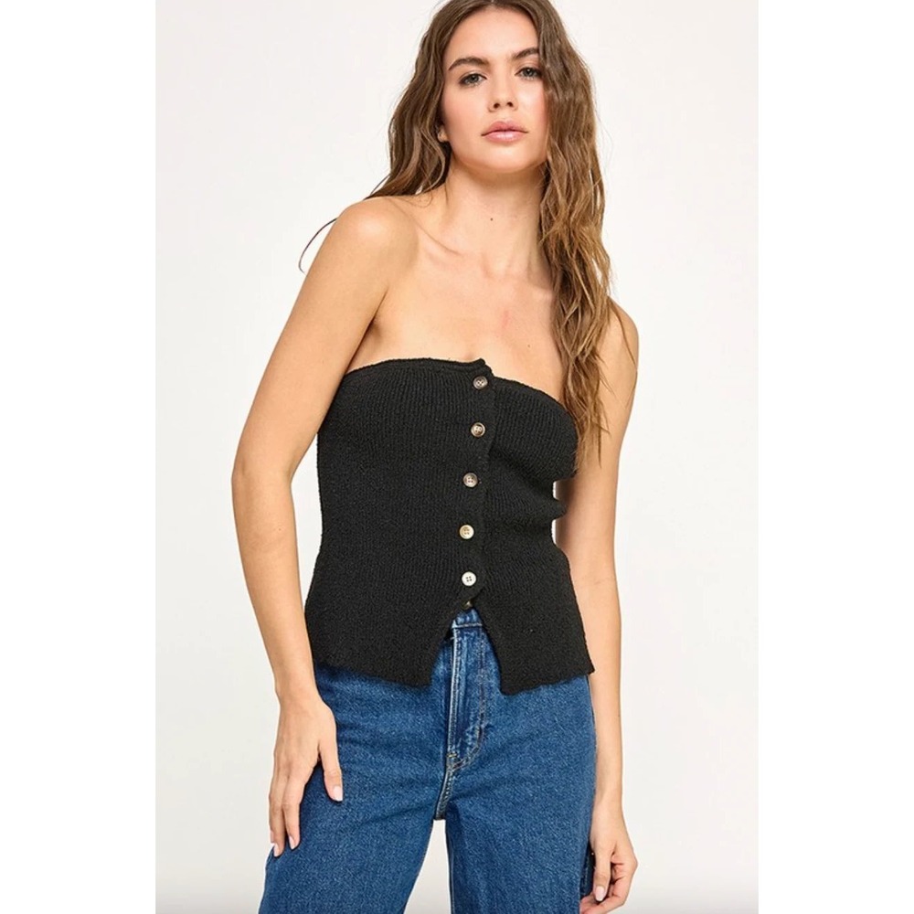 Stitch + Feather Womens Black Knit Strapless Button Front Tube Top Small